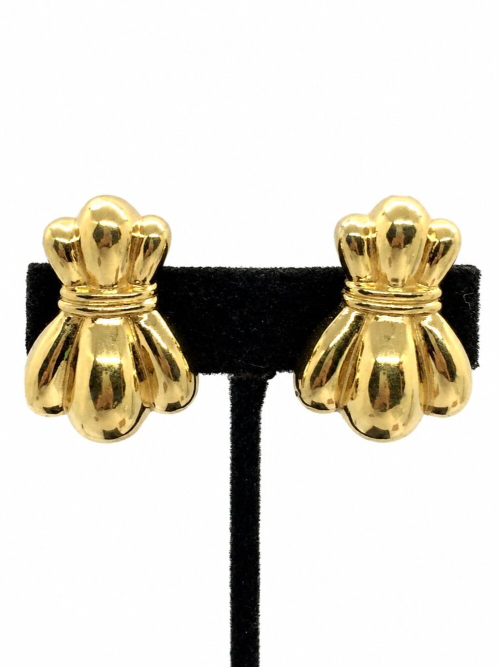 VINTAGE ST JOHN Earrings Gold Tone Sculptural Ribbed Clip On Designer 1.25"